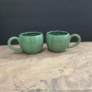 Pumpkin-Shaped Coffee Mugs Moss Green 16oz Set Of 2 Thanksgiving Cups